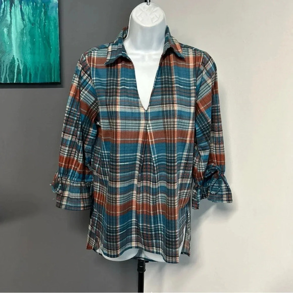 NY Collection Tops - Women's Small Plaid V Neck Popover Flannel Shirt Bow‎ Colorful Cowgirl Autumn